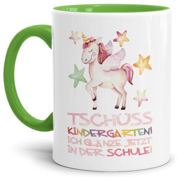 Tasse mit süßem Einhorn und Spruch zum Kitaabschied und zum Schulbeginn. Das persönliche Einschulungsgeschenk besonders für Mädchen weckt die...