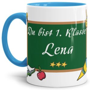 Tasse zur Einschulung personalisierbar mit dem Namen des Schulkindes auf einer Tafel und lustigem Spruch zum Schulanfang - Du bist 1. Klasse - eine...