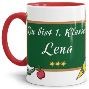 Tasse zur Einschulung personalisierbar mit dem Namen des Schulkindes auf einer Tafel und lustigem Spruch zum Schulanfang - Du bist 1. Klasse - eine...