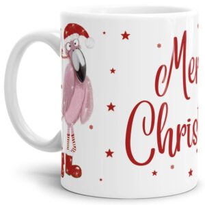 Lustige Weihnachtstasse Merry Christmas mit Flamingo im weihnachtlichen Outfit. Eine tolle Geschenkidee für Freunde