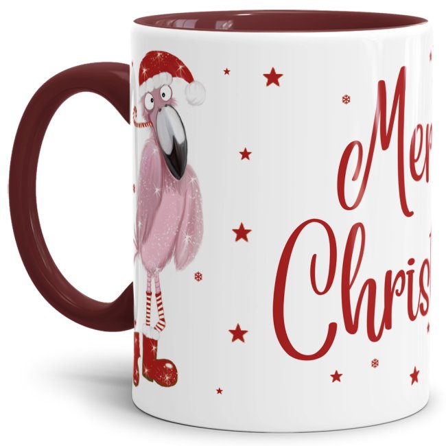 Lustige Weihnachtstasse Merry Christmas mit Flamingo im weihnachtlichen Outfit. Eine tolle Geschenkidee für Freunde