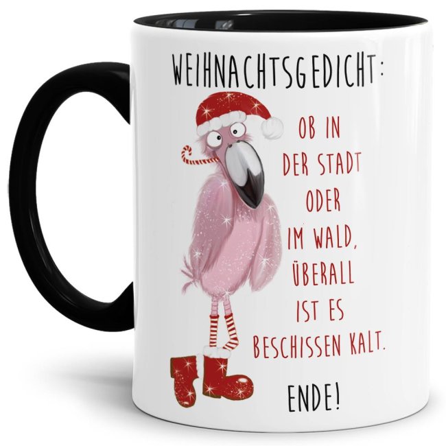 Lustige Weihnachtstasse mit Weihnachtsgedicht und Flamingo im weihnachtlichen Outfit. Eine tolle Geschenkidee für Freunde