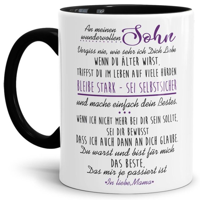 Die Keramiktasse mit süßem Spruch von Mama für den Sohn - Innen & Henkel Schwarz - ist ein tolles Geschenk zum Geburtstag