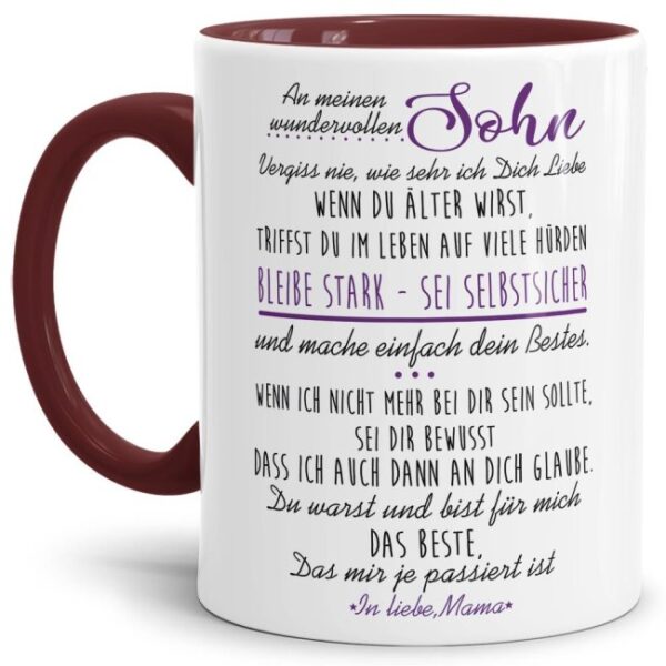 Die Keramiktasse mit süßem Spruch von Mama für den Sohn - Innen & Henkel Weinrot - ist ein tolles Geschenk zum Geburtstag