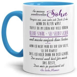 Die Keramiktasse mit süßem Spruch von Mama für den Sohn - Innen & Henkel Hellblau - ist ein tolles Geschenk zum Geburtstag