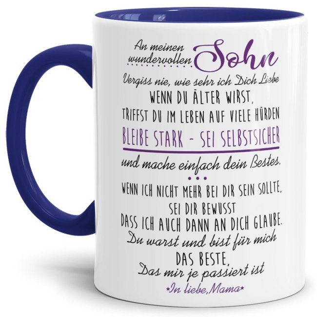 Die Keramiktasse mit süßem Spruch von Mama für den Sohn - Innen & Henkel Dunkelblau - ist ein tolles Geschenk zum Geburtstag