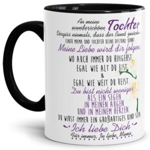 Die Keramiktasse mit süßem Spruch von Mama für die Tochter - Innen & Henkel Schwarz - ist ein tolles Geschenk zum Geburtstag