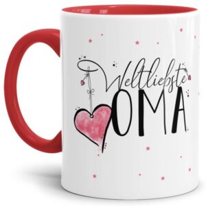 Diese Tasse aus hochwertiger Keramik - Weltliebste Oma - Innen & Henkel Rot - ist ein tolles Geschenk zum Geburtstag