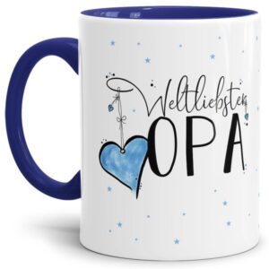 Diese Tasse aus hochwertiger Keramik - Weltliebster Opa - Innen & Henkel Dunkelblau - ist ein tolles Geschenk zum Geburtstag