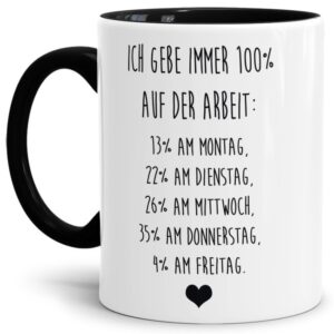 Unsere Tassen mit lustigem Spruch - Ich geb immer 100% auf der Arbeit - in Schwarz passen in jede Lebenslage und zu jeder Situation. Ob als...