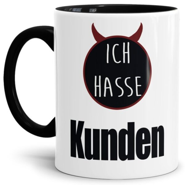 Unsere Tassen mit lustigem Spruch - Ich hasse Kunden - in Schwarz passen in jede Lebenslage und zu jeder Situation. Ob als Bürotasse mit lustigem...