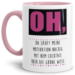 Unsere Tassen mit lustigem Spruch - Motivation läuft weg - in Rosa passen in jede Lebenslage und zu jeder Situation. Ob als Bürotasse mit lustigem...