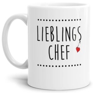 Liebevoll designte Spruchtasse als Geschenk für den Lieblingschef aus hochwertiger Keramik in Weiß.