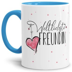 Diese Tasse aus hochwertiger Keramik - Weltliebste Freundin - Innen & Henkel Hellblau - ist ein tolles Geschenk zum Geburtstag und eine schöne...