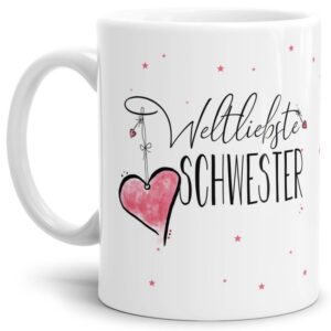 Diese Tasse aus hochwertiger Keramik - Weltliebste Schwester Weiß - ist ein tolles Geschenk zum Geburtstag und eine schöne Geschenkidee zum Danke...