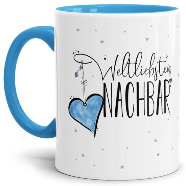 Diese Tasse aus hochwertiger Keramik - Weltliebster Nachbar - Innen & Henkel Hellblau - ist ein tolles Geschenk zum Geburtstag und eine schöne...