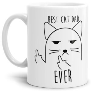 Freche Katzen Tasse - Best Cat Dad ever. Für alle Katzen-Papas wird dieser freche Kaffeebecher in Weiß aus hochwertiger Keramik zum neuen...