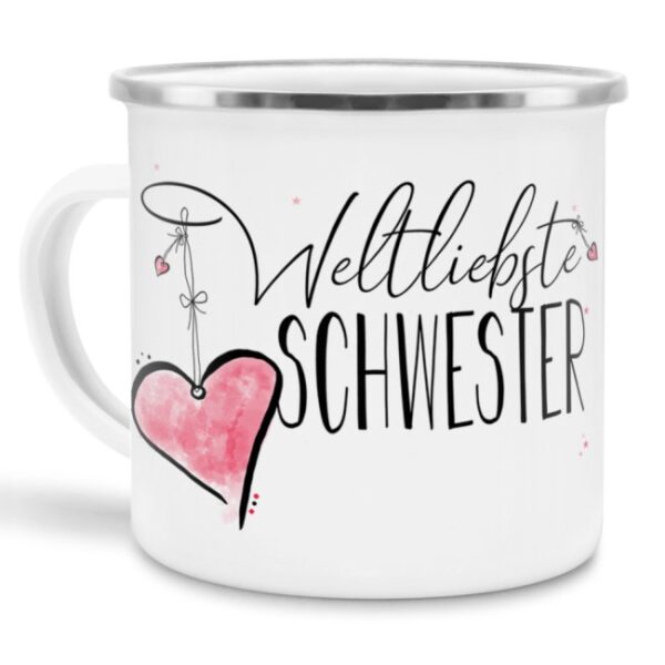 Diese Metalltasse aus Emaille - Weltliebste Schwester klein - ist ein tolles Geschenk zum Geburtstag und eine schöne Geschenkidee zum Danke sagen....