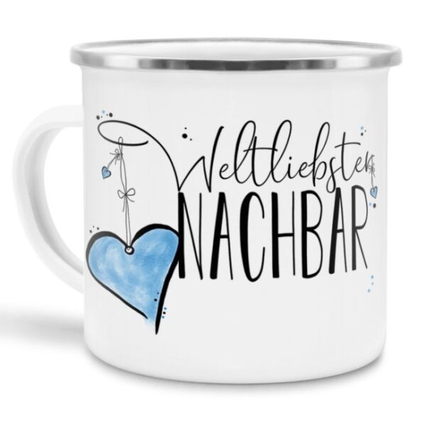 Diese Metalltasse aus Emaille - Weltliebster Nachbar klein - ist ein tolles Geschenk zum Geburtstag und eine schöne Geschenkidee zum Danke sagen....