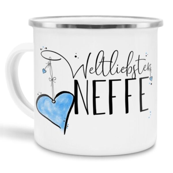 Diese Metalltasse aus Emaille - Weltliebster Neffe klein - ist ein tolles Geschenk zum Geburtstag und eine schöne Geschenkidee zum Danke sagen....