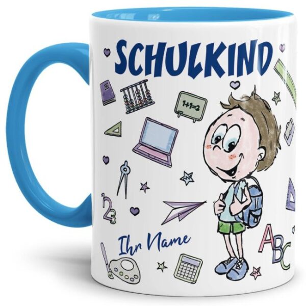 Tasse personalisierbar mit Name zur Einschulung für Jungen mit liebevoll gestaltetem Einschulungsmotiv. Eine tolle Geschenkidee zum Schulanfang für...