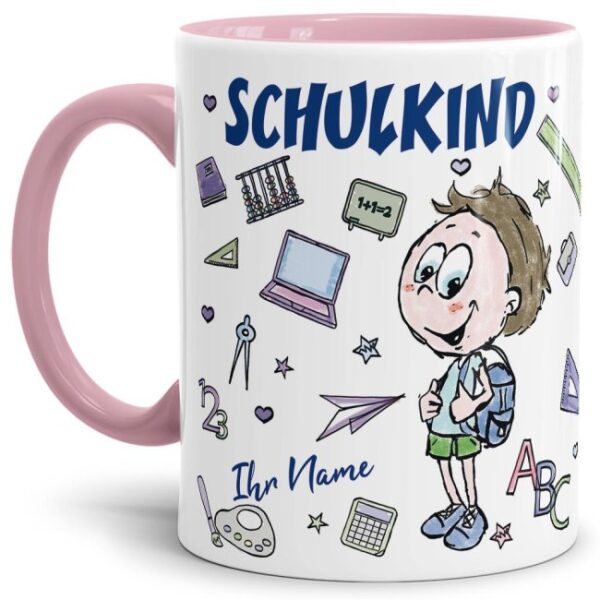 Tasse personalisierbar mit Name zur Einschulung für Jungen mit liebevoll gestaltetem Einschulungsmotiv. Eine tolle Geschenkidee zum Schulanfang für...