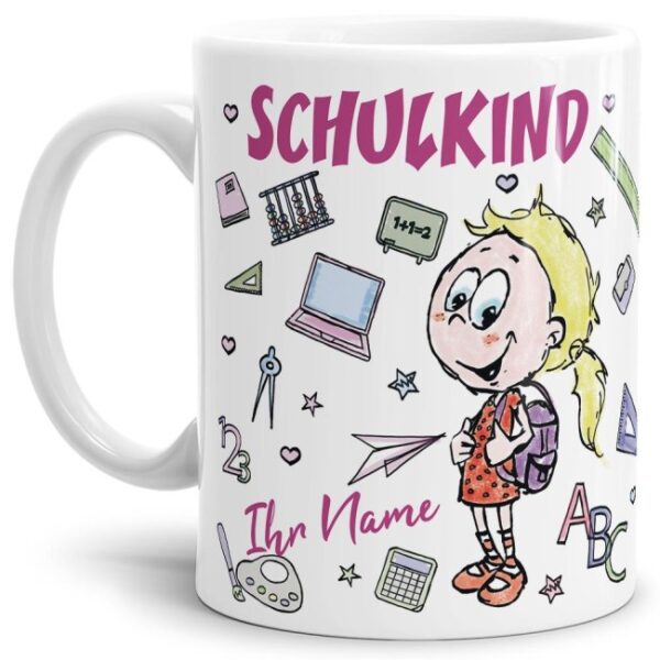 Tasse personalisierbar mit Name zur Einschulung für Mädchen mit liebevoll gestaltetem Einschulungsmotiv. Eine tolle Geschenkidee zum Schulanfang...