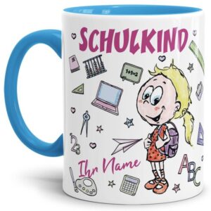 Tasse personalisierbar mit Name zur Einschulung für Mädchen mit liebevoll gestaltetem Einschulungsmotiv. Eine tolle Geschenkidee zum Schulanfang...