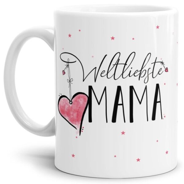 Diese Tasse aus hochwertiger Keramik mit Spruch - Weltliebste Mama - Weiß - ist ein tolles Geschenk zum Geburtstag