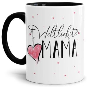 Diese Tasse aus hochwertiger Keramik mit Spruch - Weltliebste Mama - Innen & Henkel Schwarz - ist ein tolles Geschenk zum Geburtstag