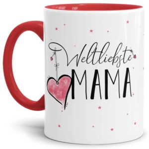 Diese Tasse aus hochwertiger Keramik mit Spruch - Weltliebste Mama - Innen & Henkel Rot - ist ein tolles Geschenk zum Geburtstag