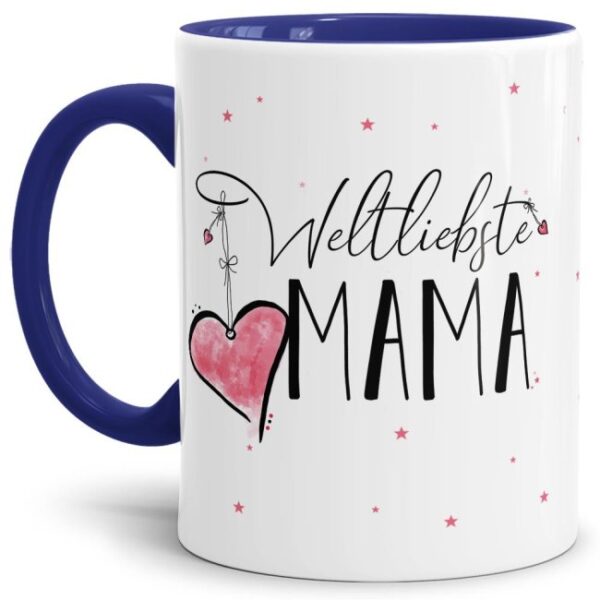 Diese Tasse aus hochwertiger Keramik mit Spruch - Weltliebste Mama - Innen & Henkel Dunkelblau - ist ein tolles Geschenk zum Geburtstag