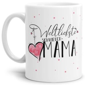 Diese Tasse aus hochwertiger Keramik mit Spruch - Weltliebste Schwiegermama - Weiß - ist ein tolles Geschenk zum Geburtstag und eine schöne...