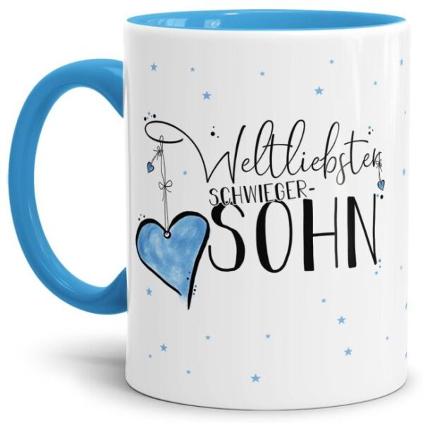 Diese Tasse aus hochwertiger Keramik mit Spruch - Weltliebster Schwiegersohn - Innen & Henkel Hellblau - ist ein tolles Geschenk zum Geburtstag und...