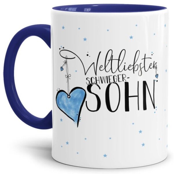 Diese Tasse aus hochwertiger Keramik mit Spruch - Weltliebster Schwiegersohn - Innen & Henkel Dunkelblau - ist ein tolles Geschenk zum Geburtstag...