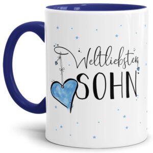 Diese Tasse aus hochwertiger Keramik mit Spruch - Weltliebster Sohn - Innen & Henkel Dunkelblau - ist ein tolles Geschenk zum Geburtstag und eine...