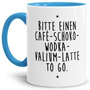 - Bitte einen Café to go - Unsere hellblaue Keramik-Tasse passt in jede Lebenslage und zu jeder Situation. Ob als Bürotasse mit lustigem Spruch