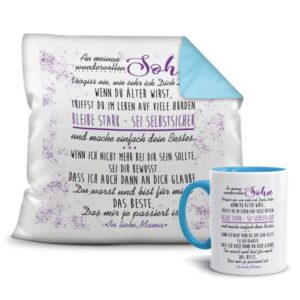 Dieses süße Geschenk-Set besteht aus einer Tasse und einem passenden Kissen mit Spruch - Von Mama für Sohn - Kissen und Tasse Hellbau. Das Set ist...