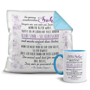 Dieses süße Geschenk-Set besteht aus einer Tasse und einem passenden Kissen mit Spruch - Von Vater für Sohn - Kissen und Tasse Hellbau. Das Set ist...