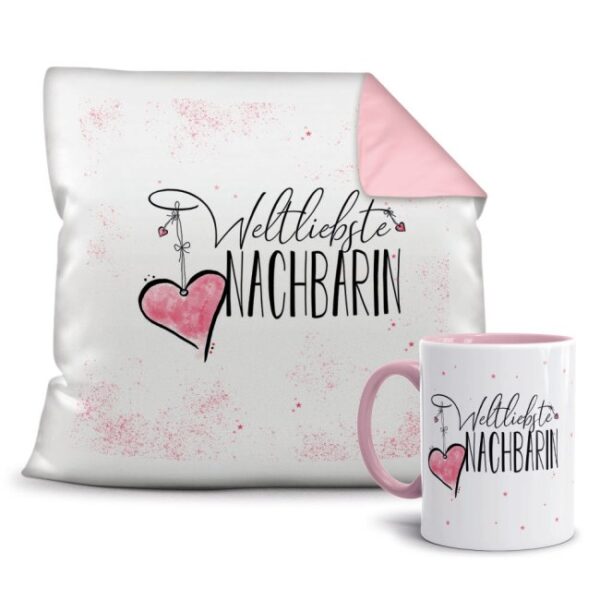 Dieses süße Geschenk-Set besteht aus einer Tasse und einem passenden Kissen mit Spruch - Weltliebste Nachbarin - Kissen und Tasse Rosa. Das Set ist...