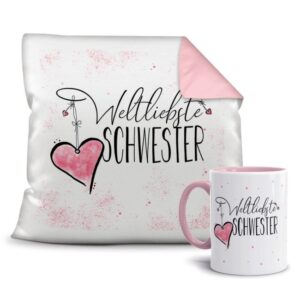 Dieses süße Geschenk-Set besteht aus einer Tasse und einem passenden Kissen mit Spruch - Weltliebste Schwester - Kissen und Tasse Rosa. Das Set ist...