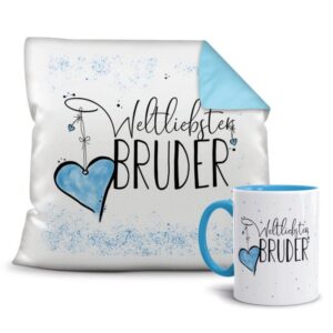 Dieses süße Geschenk-Set besteht aus einer Tasse und einem passenden Kissen mit Spruch - Weltliebster Bruder - Kissen und Tasse Hellbau. Das Set...