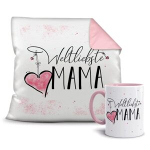 Dieses süße Geschenk-Set besteht aus einer Tasse und einem passenden Kissen mit Spruch - Weltliebste Mama - Kissen und Tasse Rosa. Das Set ist ein...