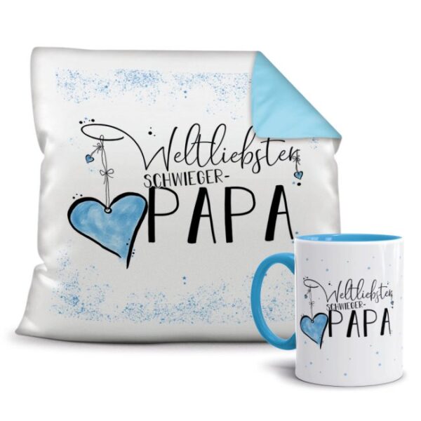 Dieses süße Geschenk-Set besteht aus einer Tasse und einem passenden Kissen mit Spruch - Weltliebster Schwiegerpapa - Kissen und Tasse Hellbau. Das...