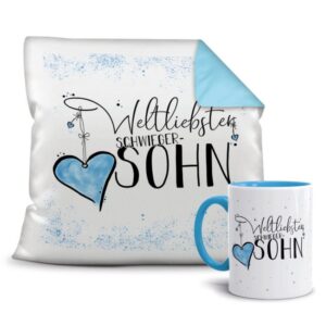 Dieses süße Geschenk-Set besteht aus einer Tasse und einem passenden Kissen mit Spruch - Weltliebster Schwiegersohn - Kissen und Tasse Hellbau. Das...