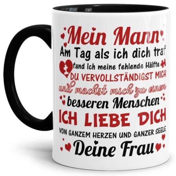 Diese hochwertige Keramiktasse mit liebevollem Spruch zum Thema Liebe ist ein besonderes Geschenk für den Partner zur Hochzeit