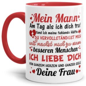 Diese hochwertige Keramiktasse mit liebevollem Spruch zum Thema Liebe ist ein besonderes Geschenk für den Partner zur Hochzeit