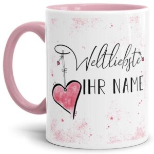 Diese Tasse aus hochwertiger Keramik mit Spruch - Weltliebste -NAME- Innen & Henkel Rosa - ist ein tolles Geschenk zum Geburtstag