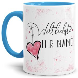 Diese Tasse aus hochwertiger Keramik mit Spruch - Weltliebste -NAME- Innen & Henkel Hellblau - ist ein tolles Geschenk zum Geburtstag