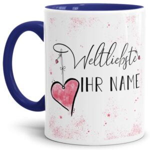 Diese Tasse aus hochwertiger Keramik mit Spruch - Weltliebste -NAME- Innen & Henkel Dunkelblau - ist ein tolles Geschenk zum Geburtstag